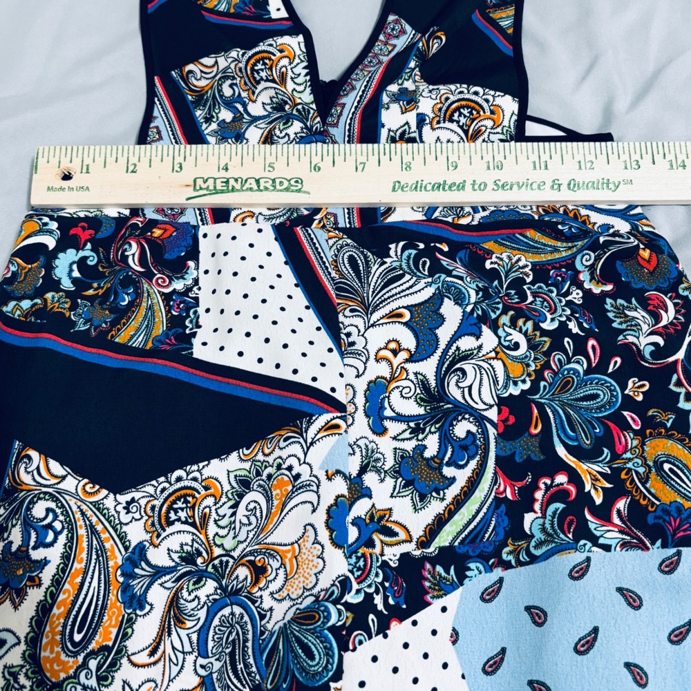 Topshop Blue Paisley Patchwork Pinafore Midi Sz 4 Halter Plunge Neck Boho - Picture 7 of 10